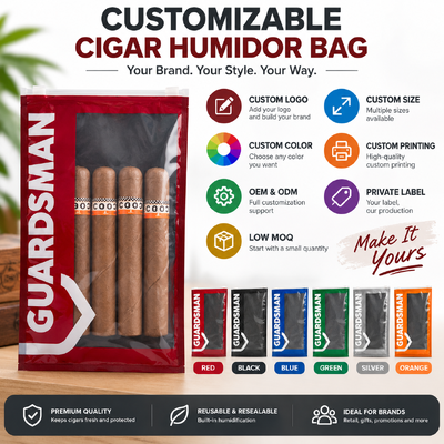 plastic cigar bags designed to hold 5 to 20 cigars depending on size and resealable cigar packaging bags